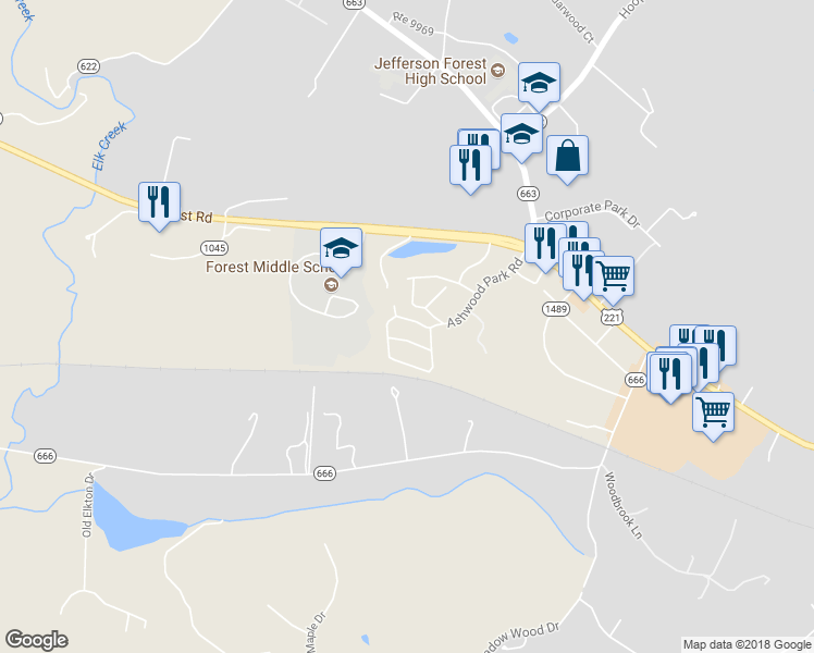 map of restaurants, bars, coffee shops, grocery stores, and more near 1054 Blue Ridge View Circle in Forest