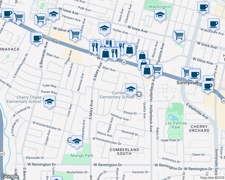 map of restaurants, bars, coffee shops, grocery stores, and more near 917 Cambridge Avenue in Sunnyvale
