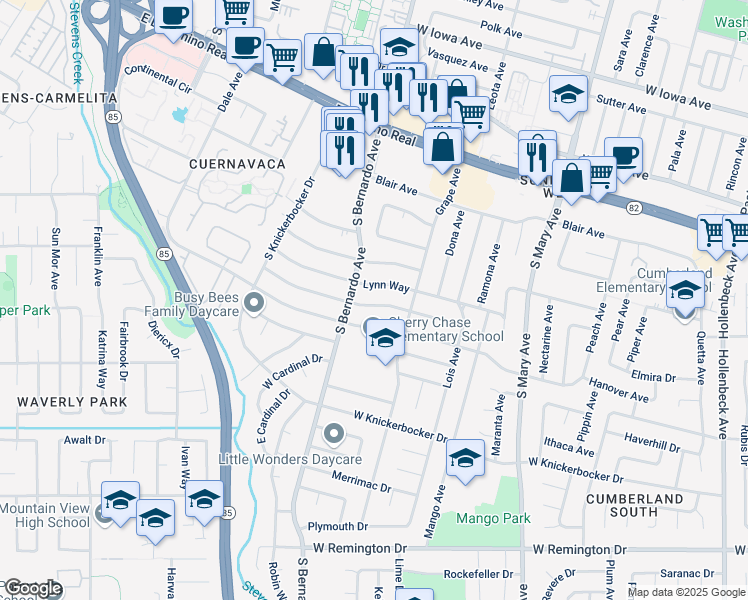 map of restaurants, bars, coffee shops, grocery stores, and more near 1159 Susan Way in Sunnyvale