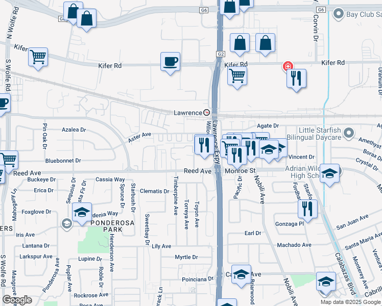 map of restaurants, bars, coffee shops, grocery stores, and more near 1135 Reed Avenue in Sunnyvale