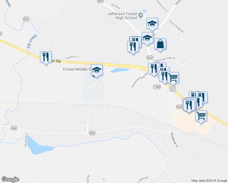 map of restaurants, bars, coffee shops, grocery stores, and more near 1060 Blue Ridge View Circle in Forest