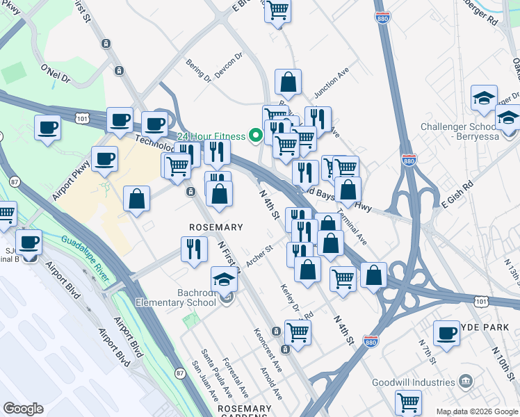 map of restaurants, bars, coffee shops, grocery stores, and more near 2 North 4th Street in San Jose