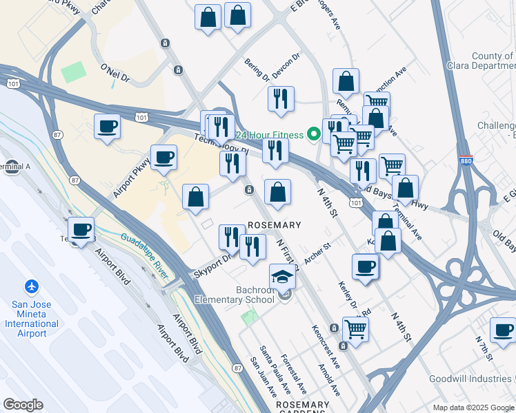 map of restaurants, bars, coffee shops, grocery stores, and more near 1732 North 1st Street in San Jose