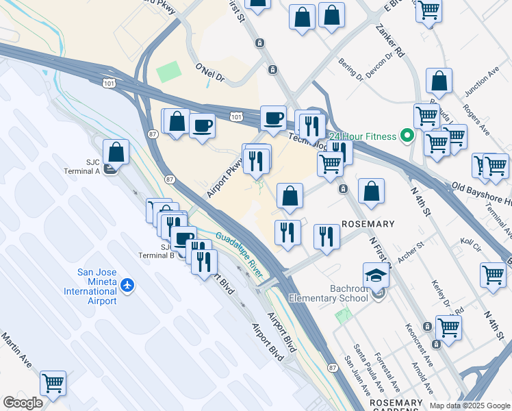 map of restaurants, bars, coffee shops, grocery stores, and more near 1741 Technology Drive in San Jose