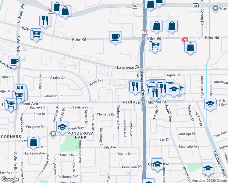 map of restaurants, bars, coffee shops, grocery stores, and more near 1042 Reed Terrace in Sunnyvale