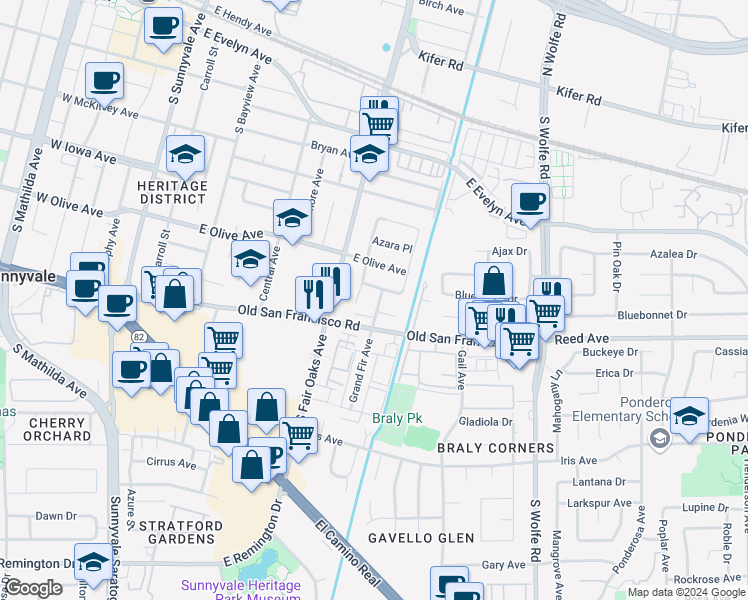 map of restaurants, bars, coffee shops, grocery stores, and more near 664 Begonia Way in Sunnyvale