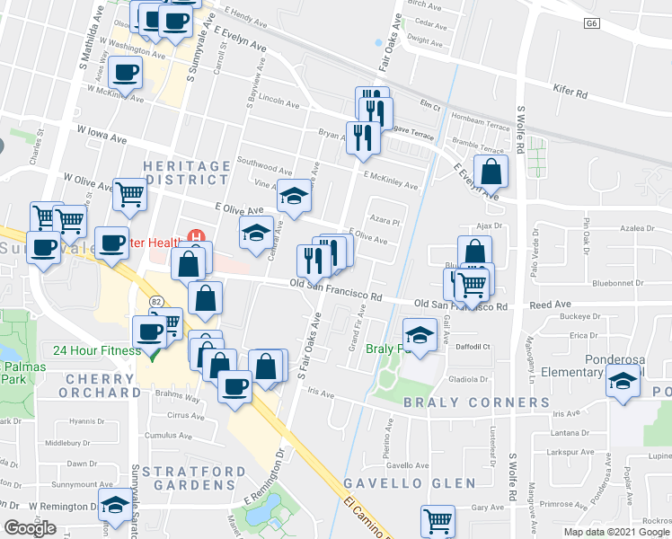 map of restaurants, bars, coffee shops, grocery stores, and more near 559 Firloch Avenue in Sunnyvale