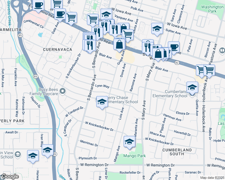 map of restaurants, bars, coffee shops, grocery stores, and more near 1108 Lynn Way in Sunnyvale