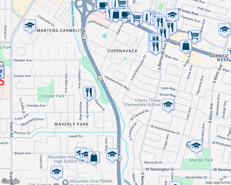 map of restaurants, bars, coffee shops, grocery stores, and more near 877 Heatherstone Way in Mountain View