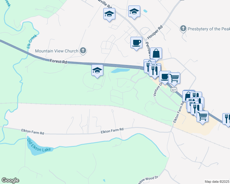 map of restaurants, bars, coffee shops, grocery stores, and more near 1021 Blue Ridge View Circle in Forest