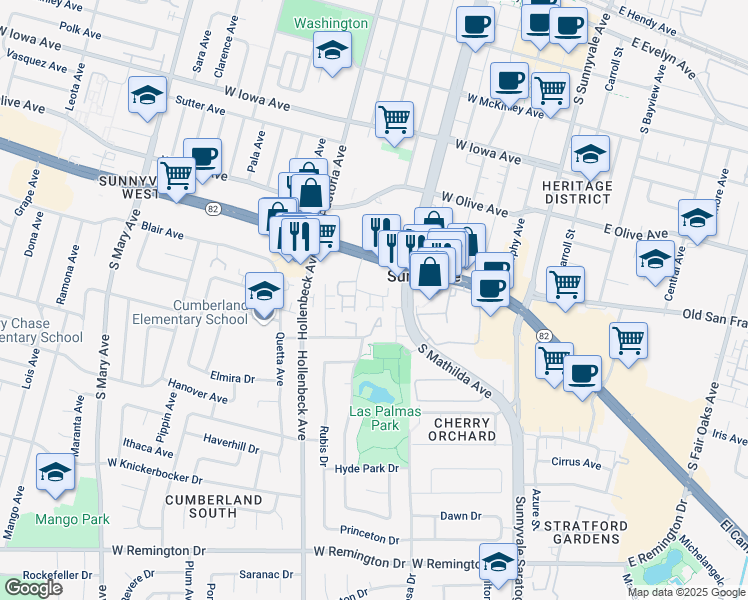 map of restaurants, bars, coffee shops, grocery stores, and more near 536 Holthouse Terrace in Sunnyvale