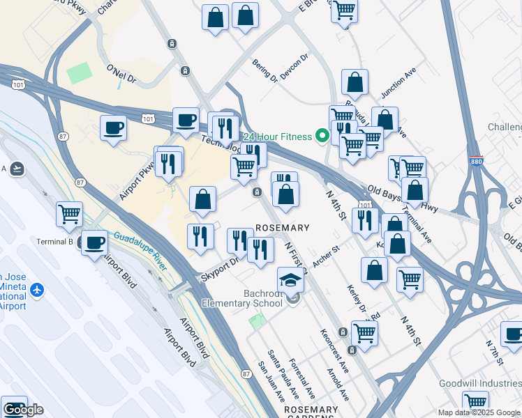 map of restaurants, bars, coffee shops, grocery stores, and more near 1729 North First Street in San Jose