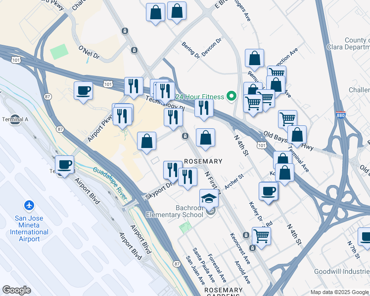 map of restaurants, bars, coffee shops, grocery stores, and more near 1733 North 1st Street in San Jose