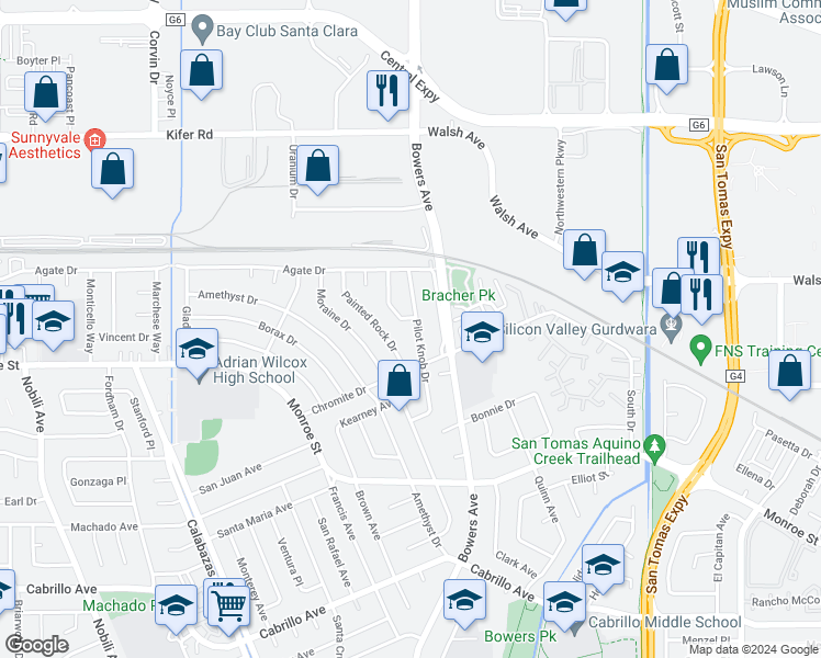 map of restaurants, bars, coffee shops, grocery stores, and more near 2536 Pilot Knob Drive in Santa Clara