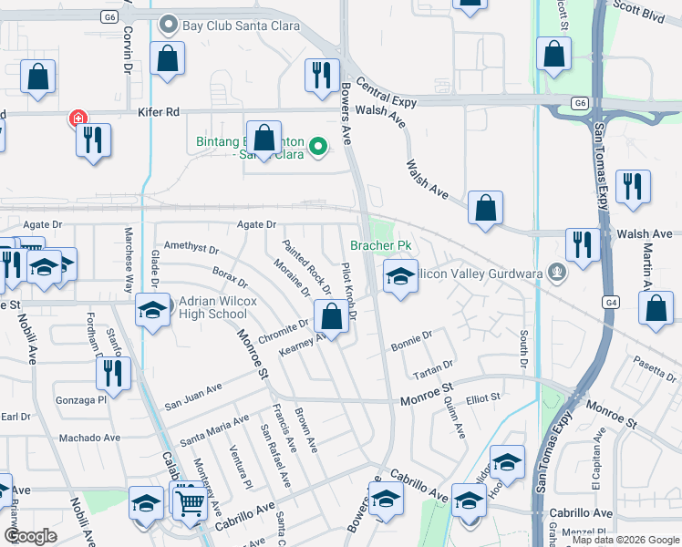 map of restaurants, bars, coffee shops, grocery stores, and more near 2536 Pilot Knob Drive in Santa Clara