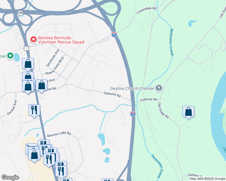 map of restaurants, bars, coffee shops, grocery stores, and more near 2026 Osborne Road in Chester