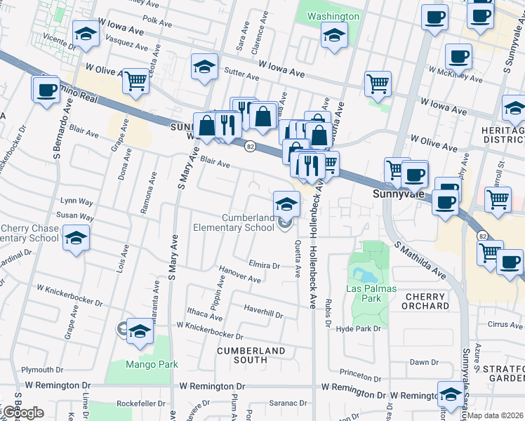 map of restaurants, bars, coffee shops, grocery stores, and more near 875 Cumberland Drive in Sunnyvale