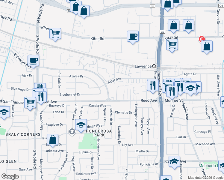 map of restaurants, bars, coffee shops, grocery stores, and more near 1055 East Evelyn Avenue in Sunnyvale