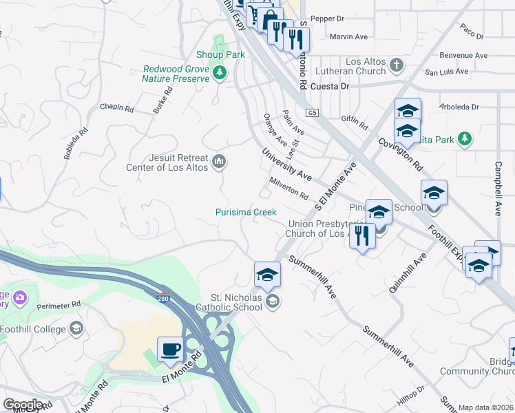 map of restaurants, bars, coffee shops, grocery stores, and more near 75 Deep Well Lane in Los Altos