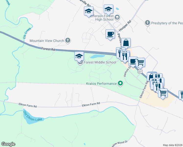 map of restaurants, bars, coffee shops, grocery stores, and more near 1095 Middle View Drive in Forest