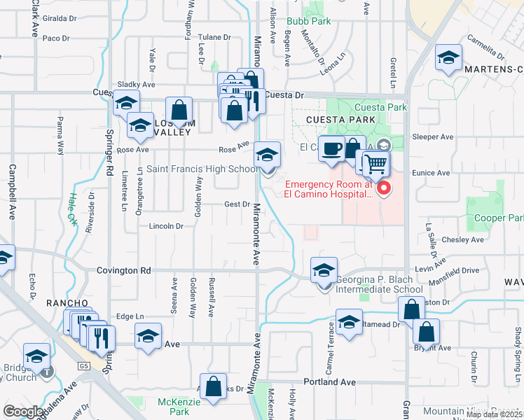map of restaurants, bars, coffee shops, grocery stores, and more near 1903 Milano Way in Mountain View
