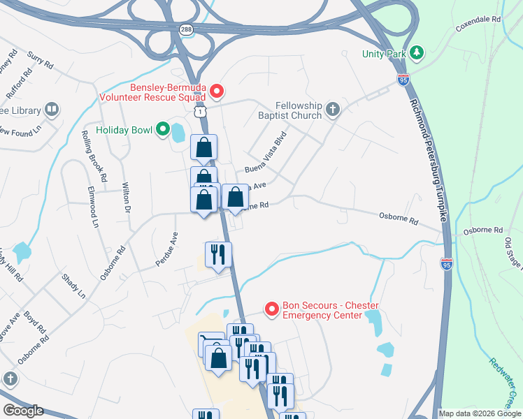 map of restaurants, bars, coffee shops, grocery stores, and more near 2459 Osborne Road in Chester