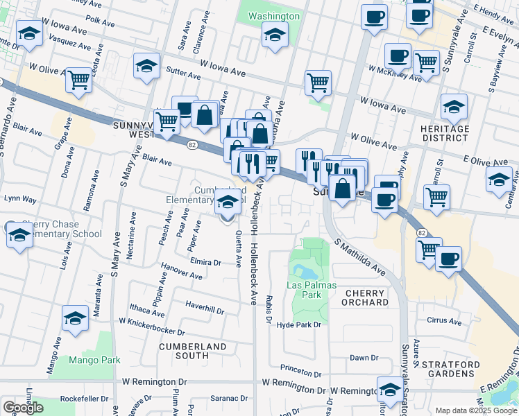 map of restaurants, bars, coffee shops, grocery stores, and more near 716 Hollenbeck Avenue in Sunnyvale