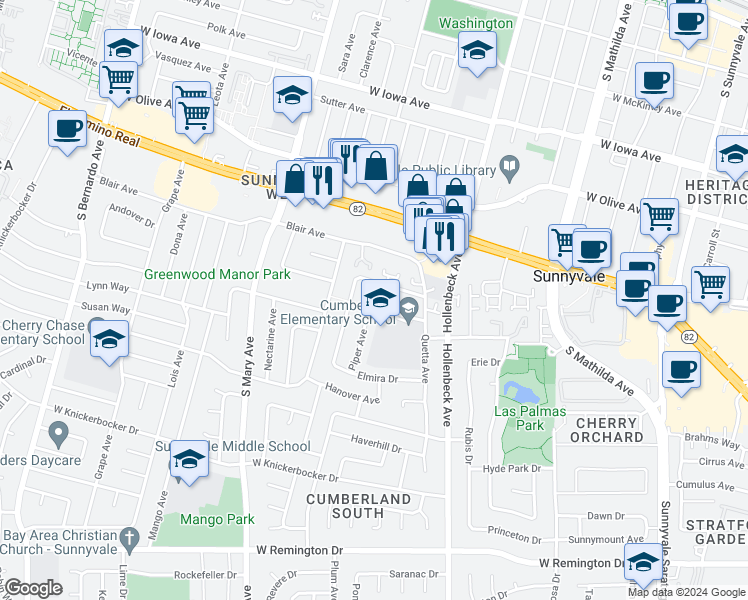 map of restaurants, bars, coffee shops, grocery stores, and more near 875 Cumberland Drive in Sunnyvale