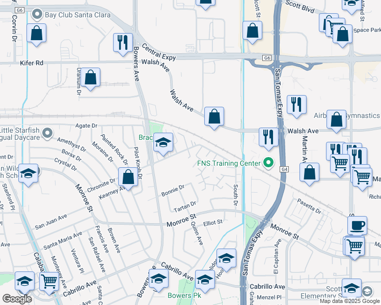 map of restaurants, bars, coffee shops, grocery stores, and more near 2611 South Park Lane in Santa Clara