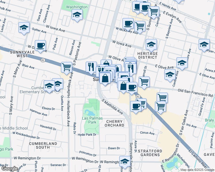 map of restaurants, bars, coffee shops, grocery stores, and more near 310 West El Camino Real in Sunnyvale