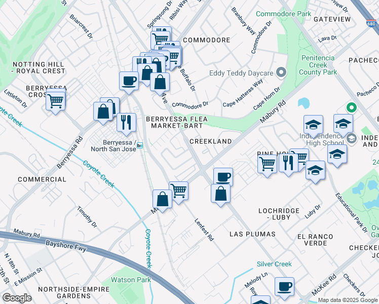 map of restaurants, bars, coffee shops, grocery stores, and more near 1601 Pala Ranch Circle in San Jose