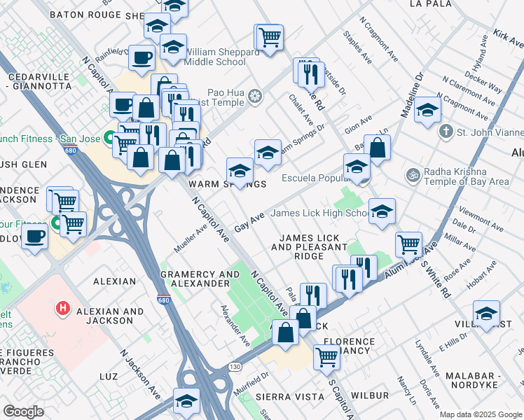 map of restaurants, bars, coffee shops, grocery stores, and more near 2785 Gay Avenue in San Jose