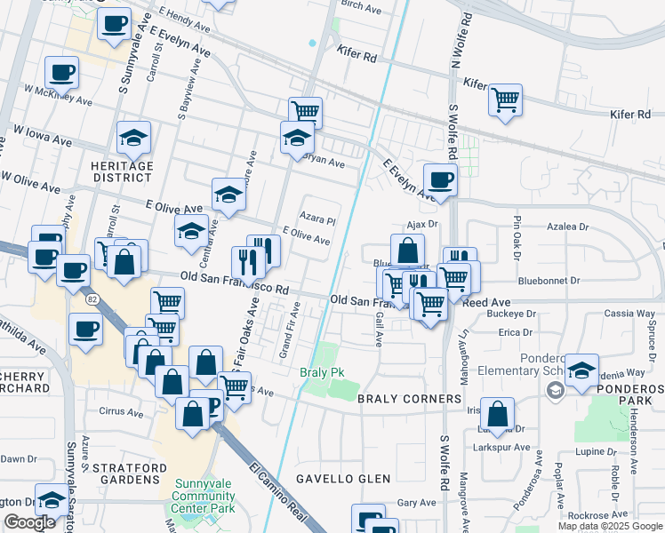 map of restaurants, bars, coffee shops, grocery stores, and more near 536 Hawthorn Avenue in Sunnyvale