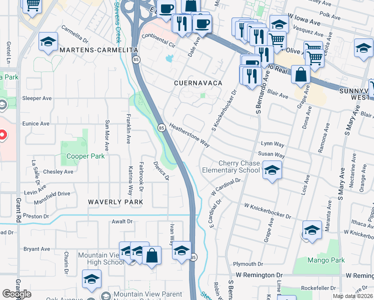 map of restaurants, bars, coffee shops, grocery stores, and more near 877 Heatherstone Way in Mountain View