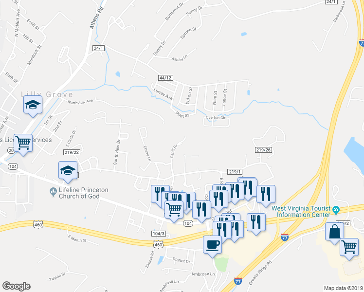 map of restaurants, bars, coffee shops, grocery stores, and more near 308 Cahill Drive in Princeton