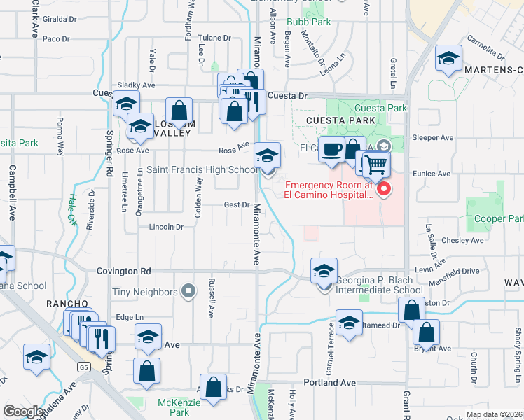 map of restaurants, bars, coffee shops, grocery stores, and more near 1903 Milano Way in Mountain View