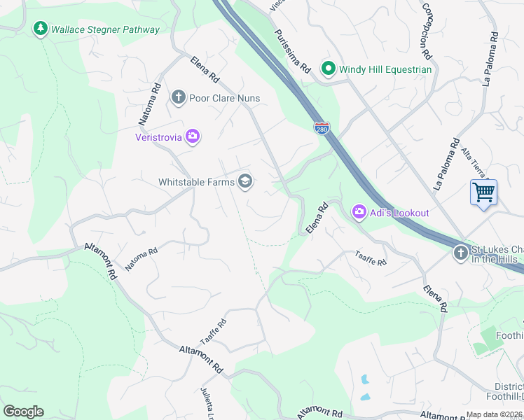 map of restaurants, bars, coffee shops, grocery stores, and more near 12130 Foothill Lane in Los Altos Hills