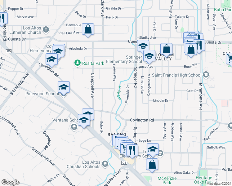 map of restaurants, bars, coffee shops, grocery stores, and more near 839 Parma Way in Los Altos