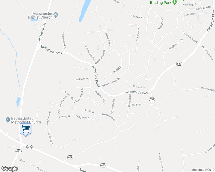 map of restaurants, bars, coffee shops, grocery stores, and more near 13901 Prince James Drive in Chesterfield