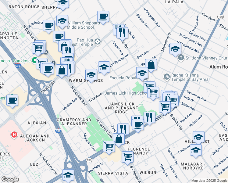 map of restaurants, bars, coffee shops, grocery stores, and more near 144 Pleasant Ridge Avenue in San Jose