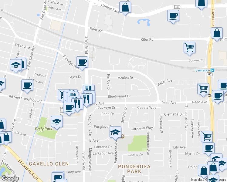 map of restaurants, bars, coffee shops, grocery stores, and more near 930 Bermuda Court in Sunnyvale