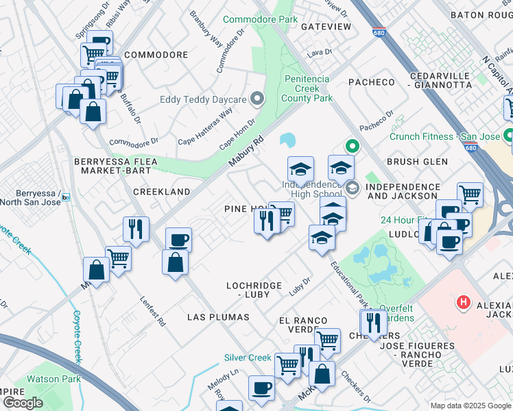 map of restaurants, bars, coffee shops, grocery stores, and more near 1804 Pine Hollow Circle in San Jose