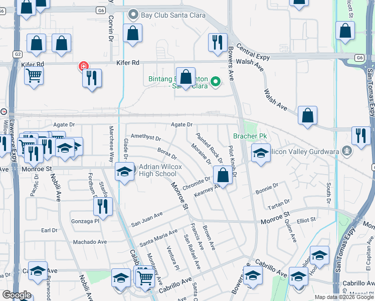 map of restaurants, bars, coffee shops, grocery stores, and more near 2503 Amethyst Drive in Santa Clara