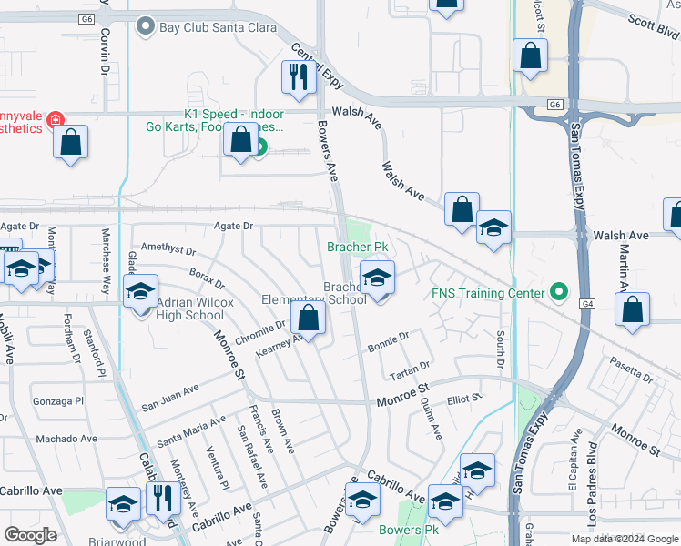 map of restaurants, bars, coffee shops, grocery stores, and more near 2540 Bowers Avenue in Santa Clara