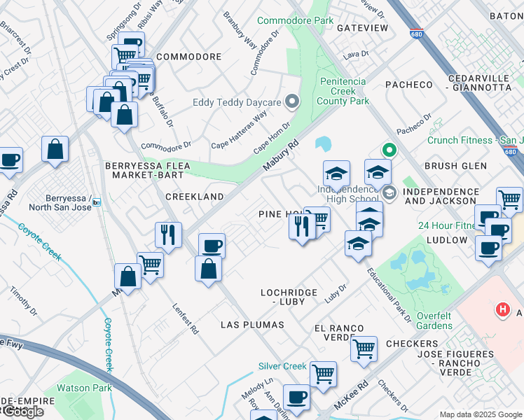 map of restaurants, bars, coffee shops, grocery stores, and more near 1966 Galileo Lane in San Jose
