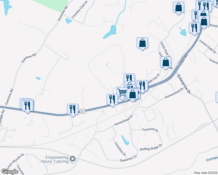 map of restaurants, bars, coffee shops, grocery stores, and more near 1154 Ambassador Drive in Forest