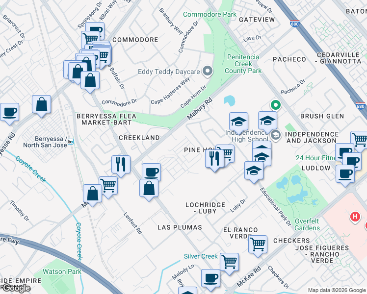 map of restaurants, bars, coffee shops, grocery stores, and more near 1966 Galileo Lane in San Jose