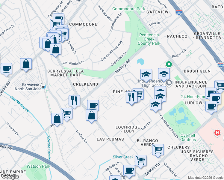 map of restaurants, bars, coffee shops, grocery stores, and more near 1966 Galileo Lane in San Jose