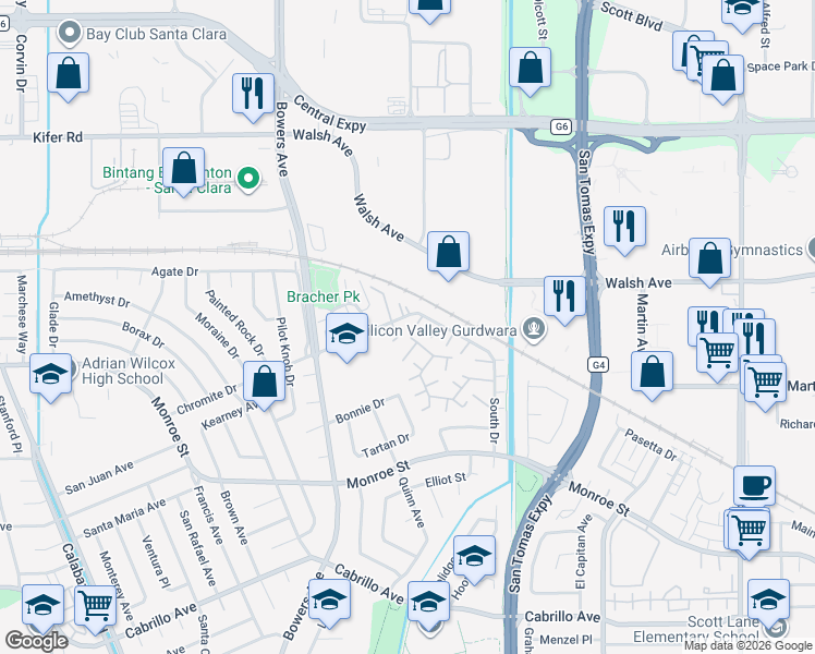 map of restaurants, bars, coffee shops, grocery stores, and more near 2611 South Park Lane in Santa Clara
