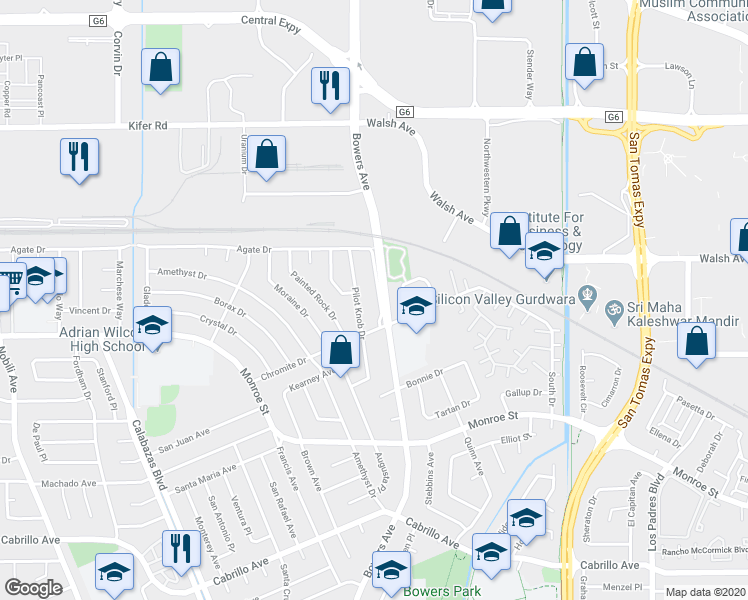 map of restaurants, bars, coffee shops, grocery stores, and more near 2540 Bowers Avenue in Santa Clara